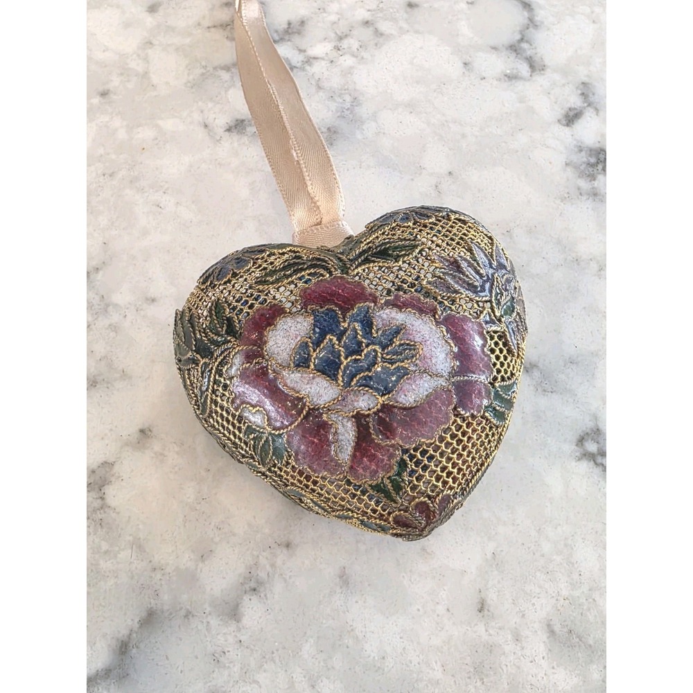 Cloisonne Heart Ornament Rose Peony Flower Gold Puffy Wire Mesh Valentine's Day